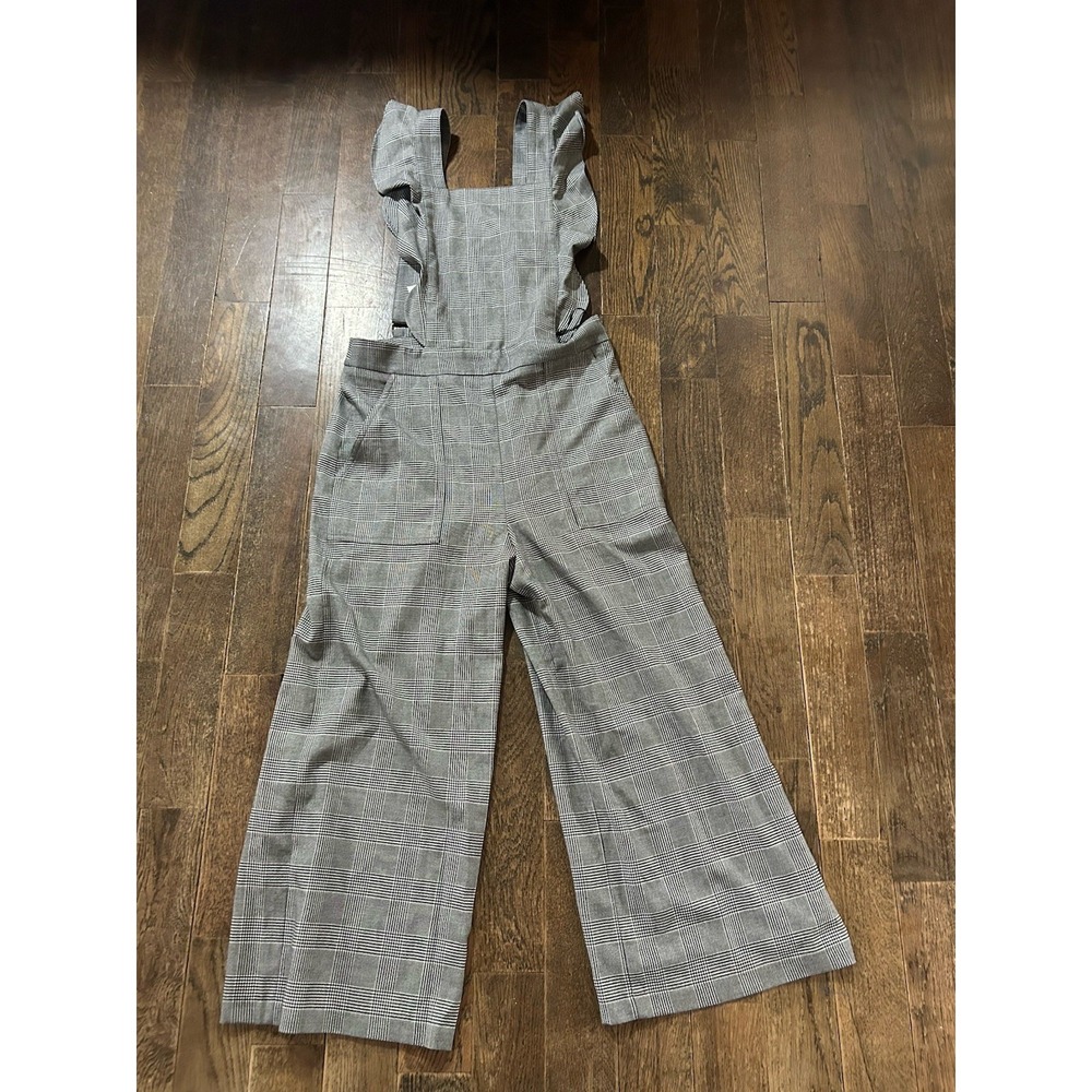 ZARA Grey Houndstooth Check Long Jumpsuit Playsuit Wide Leg Ruffled Dungarees M
